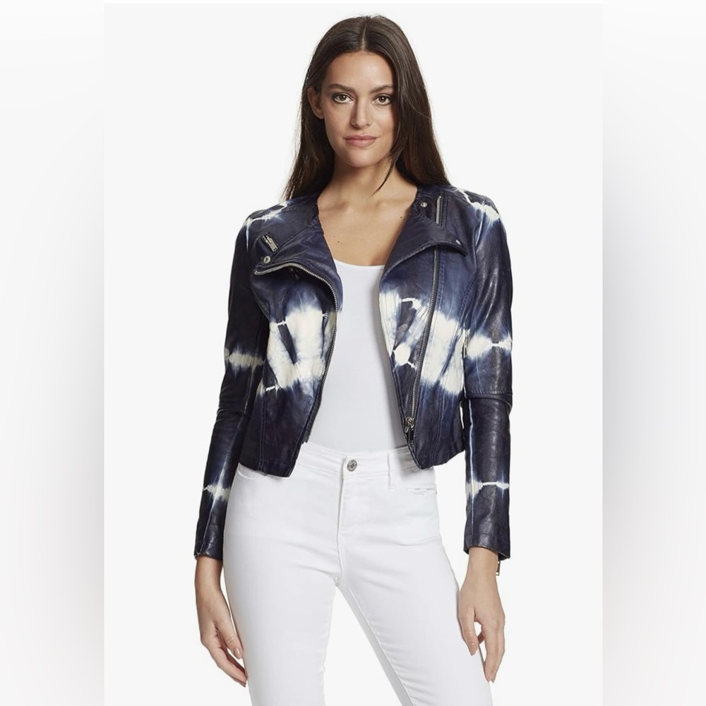 Skinnygirl Navy and White Tie-Dye Faux Leather Jacket